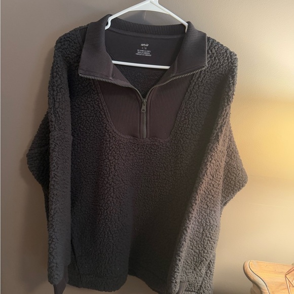 Aerie Black Sherpa Quarter-Zip Pullover - Picture 1 of 4